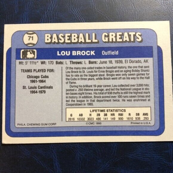 1990 Swell Baseball Greats Lou Brock Card #71 St. Louis Cardinals HOF MLB - Picture 2 of 2